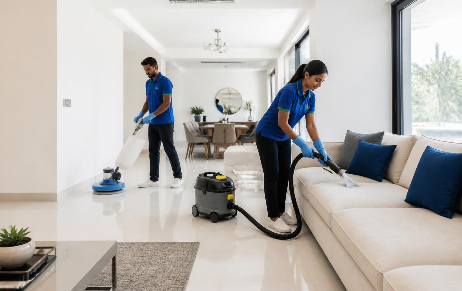 Professional cleaning team cleaning a bright home